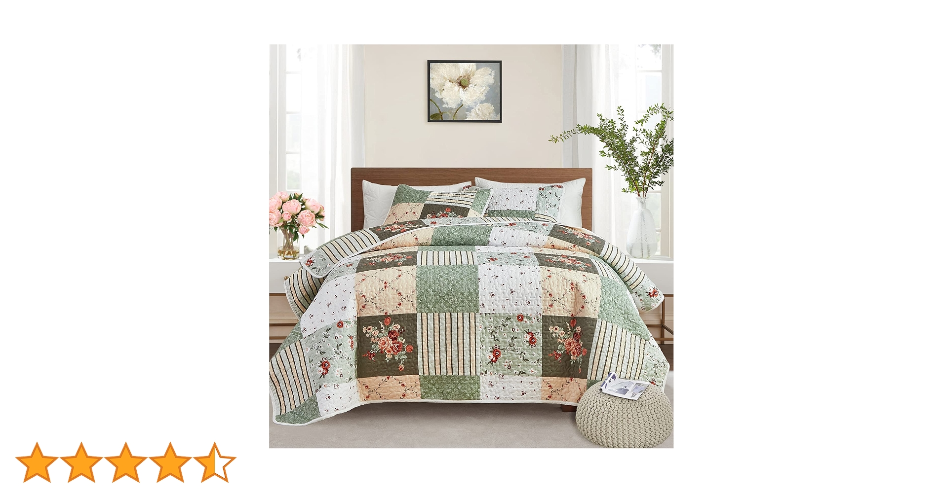 Amazon｜花柄パッチワークキルトセット 2ピース ツインサイズ グリーン